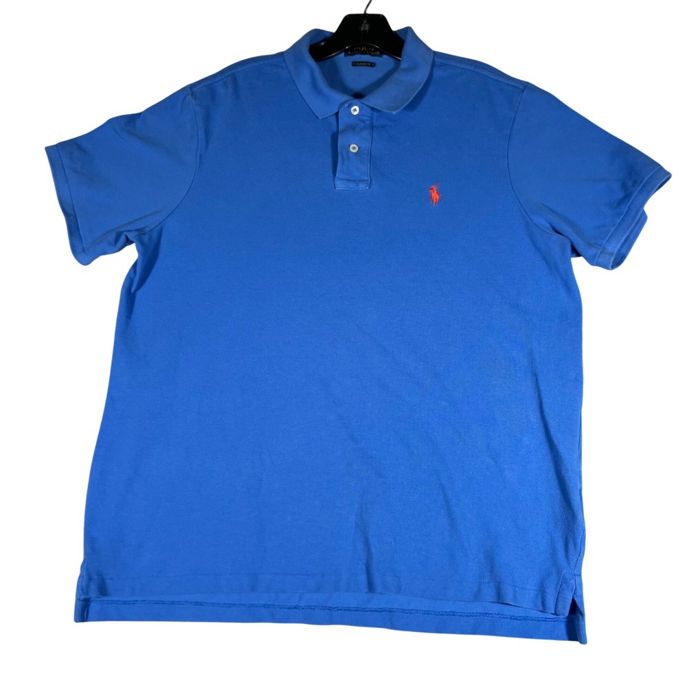 Polo Ralph Lauren Mens L Classic Fit Cotton Mesh‎ Polo Shirt Blue w/ Orange Pony